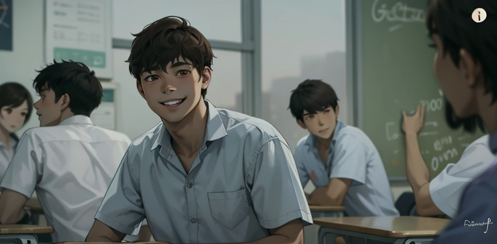 A smiling 17-year-old boy with brown hair, brown eyes, is sitting in the classroom.