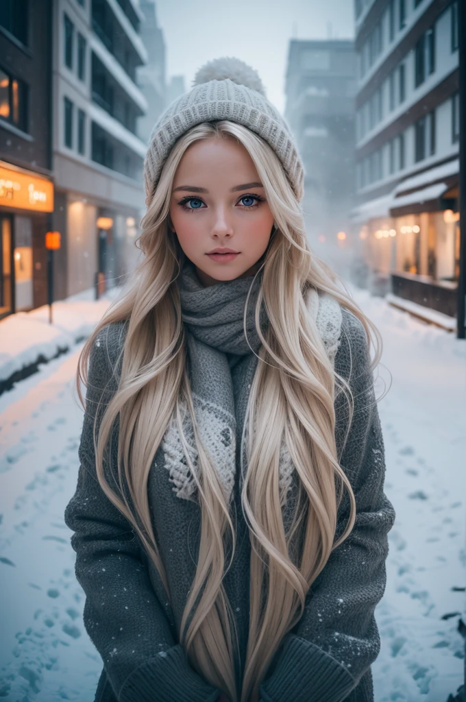 professional photography of a beautiful norwegian girl in winter clothes with long wavy blonde hair, sensual and seductive look, beautiful symmetrical face, beautiful natural makeup, wearing chic warm winter fashion clothing, ((standing outside on the snowy city street)), impressive modern urban environment, ultra realistic, conceptual artwork, chic, highy detailed, intricate, sharp focus, Depth of field, f/1. 8, 85 mm, medium shot, mid shot, (((professional color grading))), soft and bright diffused light, (Volumetric fog), Trends on Instagram, HD 4k, 8K