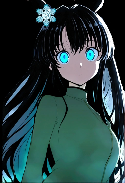 Has blue eyes and black hair、Anime girl with white flowers in her hair, Gothic Maiden Anime Girl, Glowing blue eyes, Her eyes have black anime pupils, Anime Moe Art Style, With ghostly eyes and dark hair, With big bright sad eyes, With glowing eyes, She has white eyes!!!, Shining blue eyes trench coat turtleneck