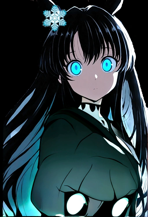 Has blue eyes and black hair、Anime girl with white flowers in her hair, Gothic Maiden Anime Girl, Glowing blue eyes, Her eyes have black anime pupils, Anime Moe Art Style, With ghostly eyes and dark hair, With big bright sad eyes, With glowing eyes, She has white eyes!!!, Shining blue eyes　trench coat　turtleneck