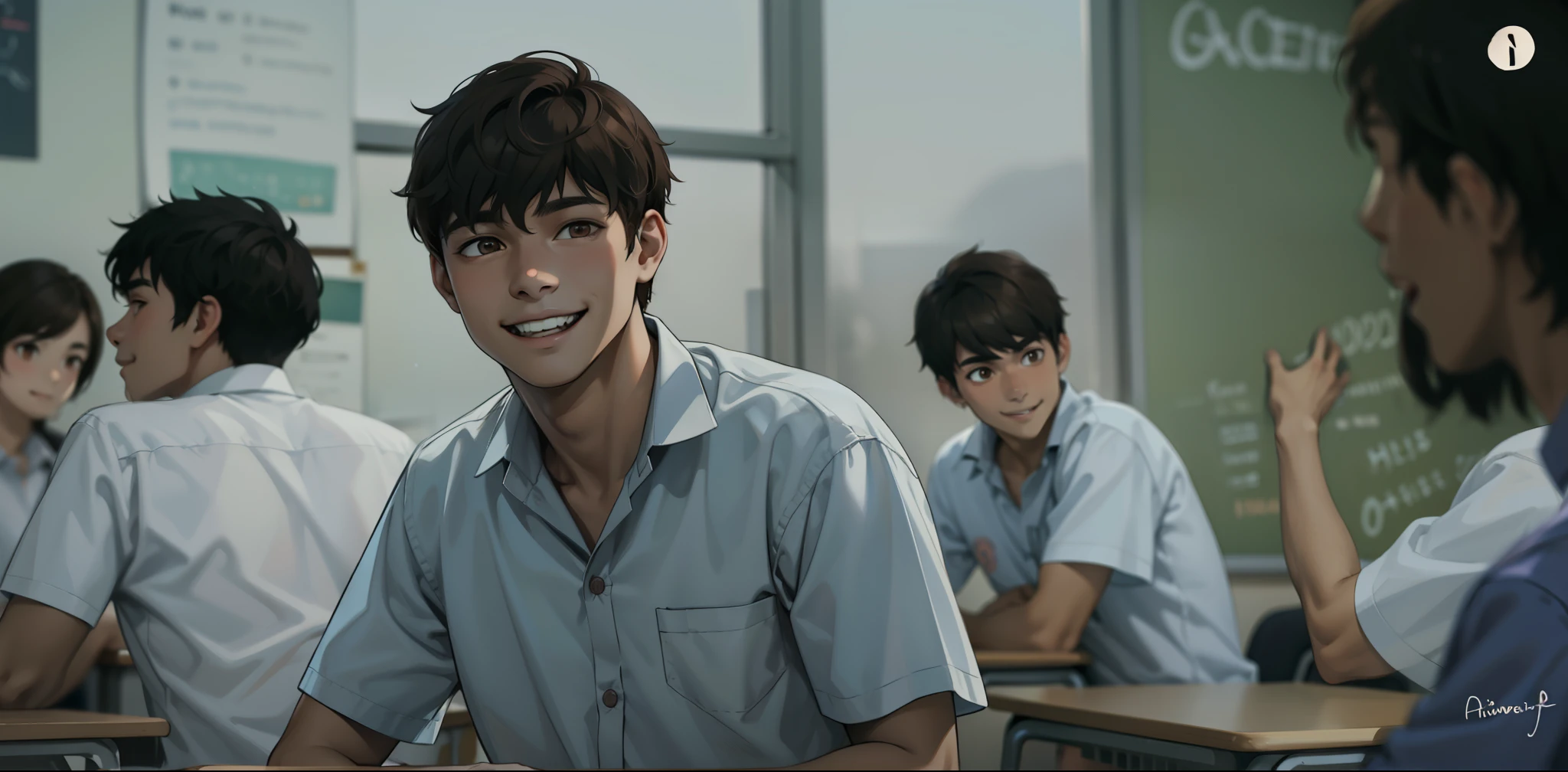 A smiling -yeld boith brown hair, brown eyes, is sitting in the classroom.