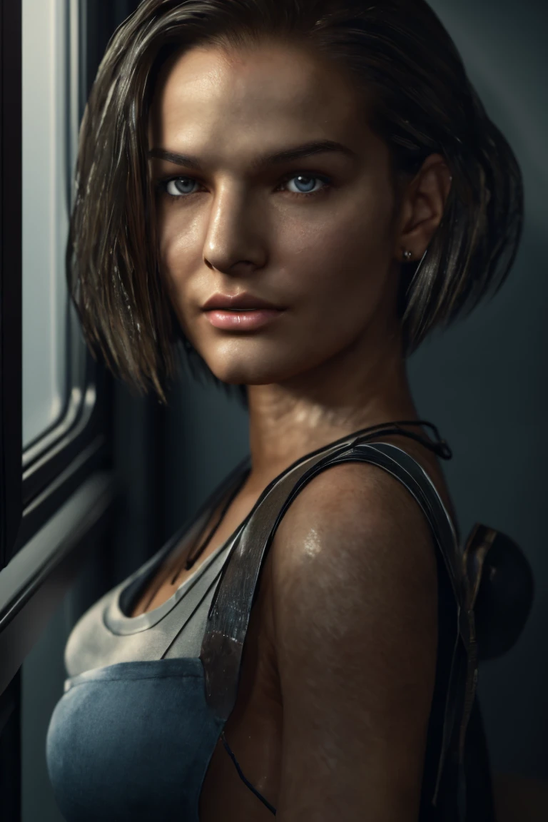 a masterpiece portrait of jill valentine from re3 remake, beautiful detailed blue eyes, detailed brown hair in long bob hairstyle, oval face, woman sitting on a bed looking out the window of a city,  (best quality,4k,8k,highres,masterpiece:1.2),ultra-detailed,(realistic,photorealistic,photo-realistic:1.37),HDR,UHD,studio lighting,ultra-fine painting,sharp focus,physically-based rendering,extreme detail description,professional,vivid colors,bokeh, bangs straight behind the ear:1.1, frontal pose, white skin , medium body shot, 