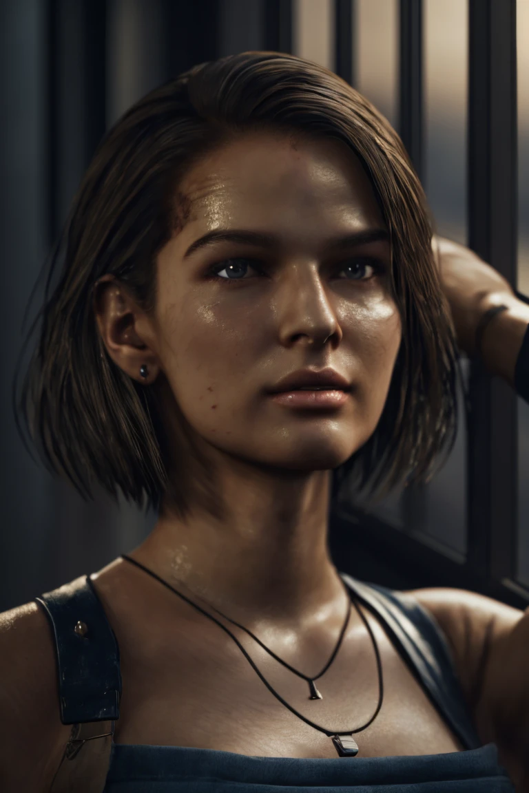 a masterpiece portrait of jill valentine from re3 remake, beautiful detailed blue eyes, detailed brown hair in long bob hairstyle, oval face, woman sitting on a bed looking out the window of a city,  (best quality,4k,8k,highres,masterpiece:1.2),ultra-detailed,(realistic,photorealistic,photo-realistic:1.37),HDR,UHD,studio lighting,ultra-fine painting,sharp focus,physically-based rendering,extreme detail description,professional,vivid colors,bokeh, bangs straight behind the ear:1.1, frontal pose, white skin , medium body shot, 