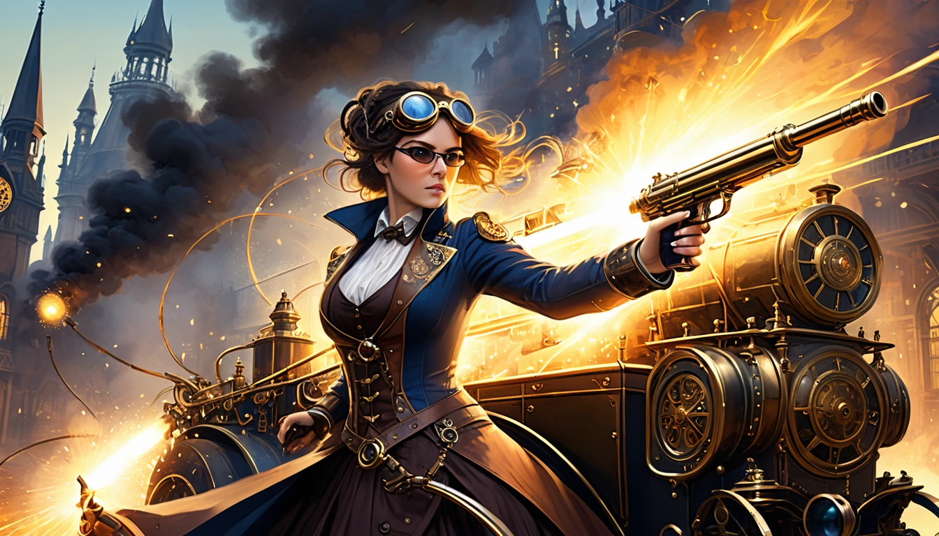 A fierce woman with steampunk goggles and mechanical arm, aiming a steam-powered gun out of a brass-clad vehicle, surrounded by steam and fiery sparks in a Victorian-era setting.