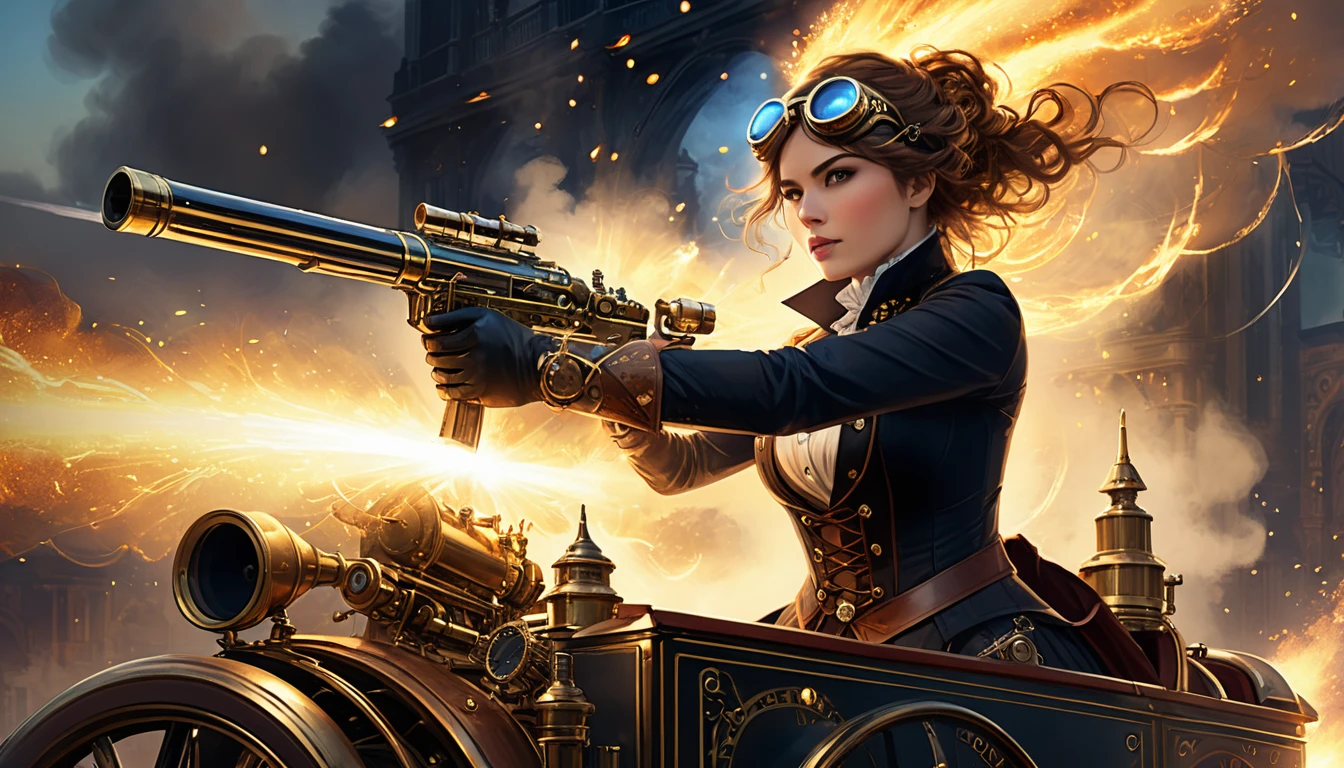 A fierce woman with steampunk goggles and mechanical arm, aiming a steam-powered gun out of a brass-clad vehicle, surrounded by steam and fiery sparks in a Victorian-era setting.