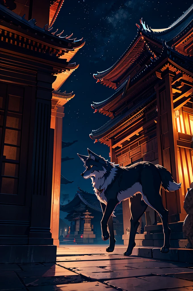 a mystical wolf coming out of its body in front of the temple at night
