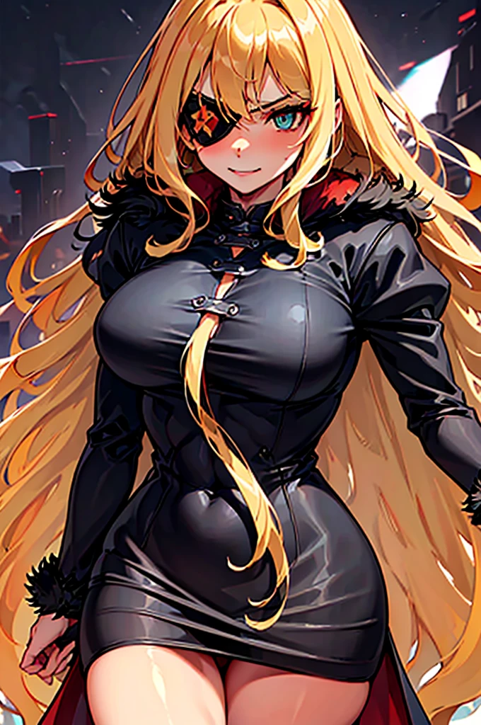 ((masterpiece)), ((best quality)), 1girl, adult, long hair, ((blonde hair)), very long blonde hair, ((intimidant look)), ((close-up)), profile image, green eyes, black and red clothes, sexy, dark colors, brillant eyes, ((coat with fur)), ((wavy hair)), exposed skin, ((sexy pose)), ((intimidant look)), good anatomy, ((dark sage clothes)), ((straight cut bangs)), emotionless, intimidant, ((beautiful eyes)), close up, ((detailed eyes)), beautiful eyes, ((detailed face)), hair bang, frontal look, evil, relaxed, smile, magical goddess othinus, detailed face, eyepatch, full body, ((detailed))