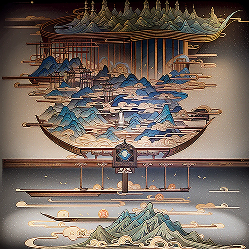 ancient chinese painting, ancient chinese background, Mountain々, Rivers, Auspicious clouds, Pavilion, sunlight, masterpiece, Super detailed, A magnificent composition, Ultra HD, high quality, Very detailed, Official Art, Unified 8k wallpaper, Super detailed, 32k -- V 6