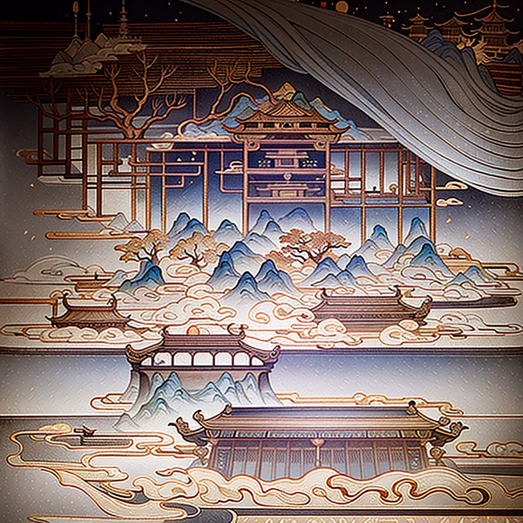 ancient chinese painting, ancient chinese background, Mountain々, Rivers, Auspicious clouds, Pavilion, sunlight, masterpiece, Super detailed, A magnificent composition, Ultra HD, high quality, Very detailed, Official Art, Unified 8k wallpaper, Super detailed, 32k -- V 6