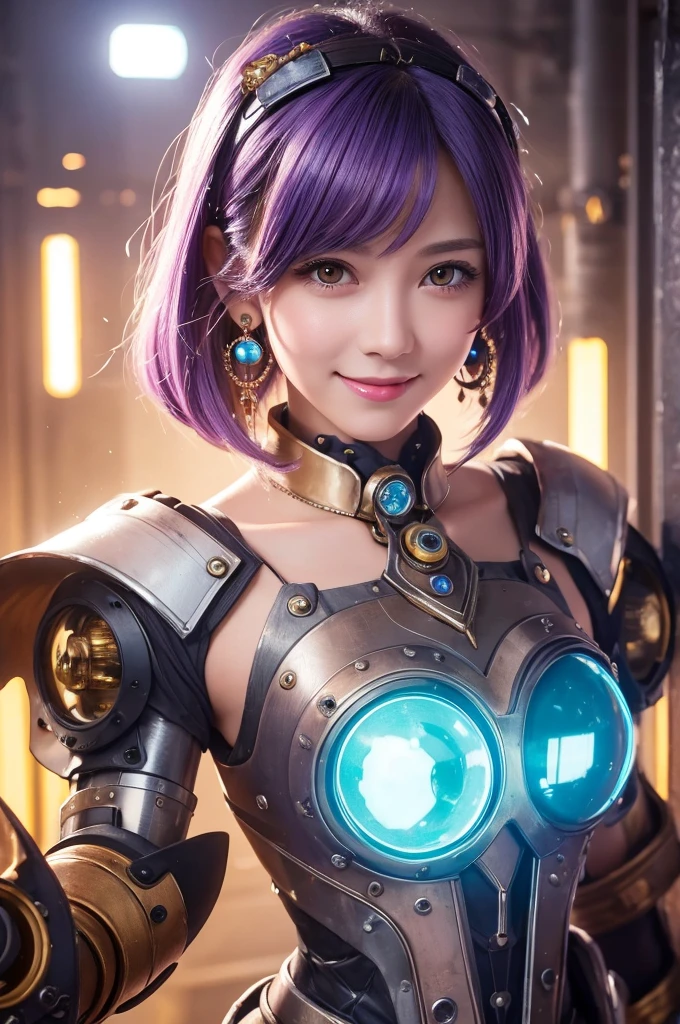 a cute robot girl, beautiful artwork, steampunk, ((masterpiece)), best quality, ultra-detailed, extremely detailed, 4K, 8K, best quality, no bad anatomy, beautiful, anime style, ((dynamic pose)), facing at viewer, laboratory, watercolor, ((retro art style)), dynamic angle, jumping, beautiful purple hair, beautiful yellow eyes, beautiful eyes, mesh, transparent hair, translucent hair, fingered gloves, earrings, necklace, smile, light smile, sparkling effect