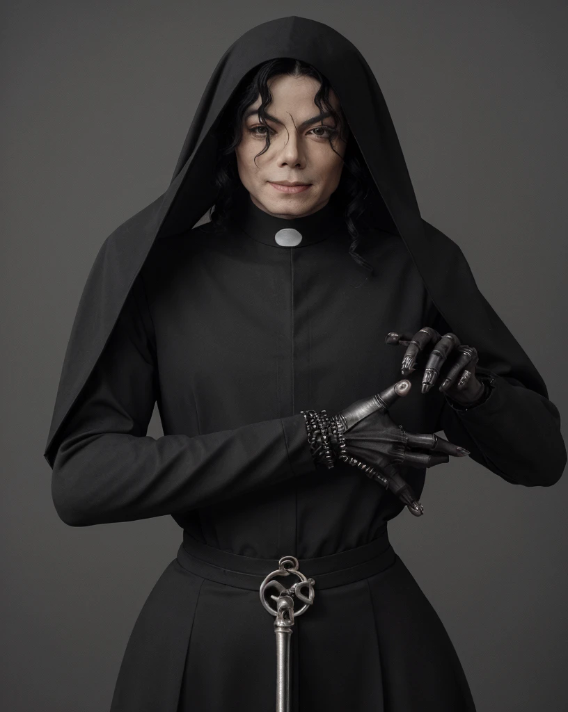 (Michael Jackson in a full nun outfit),(black fur),(left hand bones),(very well detailed)