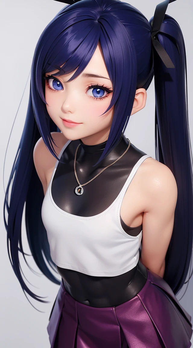 (masterpiece:1.3), (Best Quality:1.3), (Ultra-detailed:1.2), ((kawaii)), Cute, (lovely), ((sexy)), ((Extremely detailed)), 4K, (8K), Best Quality, (Beautiful), Illustration, anime style, (bold line:1.2), Gradation, looking at viewer, //, (bent down:1.1), (arms behind back), //, a cute girl, 1girl, (solo:1.2), gleaming skin, //, (flat chested), (Perfect eyes:1.2), (Perfect iris:1.2), //, darkblue hair color, (beautiful eyes) //, (half closed eyes:1.3), (sexual expression:1.2), Fascinated expression, smile, (blush:1.2), //, modern city background, on rock, twin tails, muscle girl, hard abs, exposed abs, NECKLACE, tight tank top, skirt
