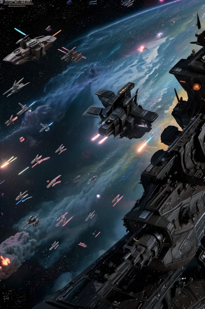 ((a space battle in a nebula between starships with a giant metal moon looming in the background)), masterpiece, best, photo realistic space battle, explosions, ship wreckage, epic space battle