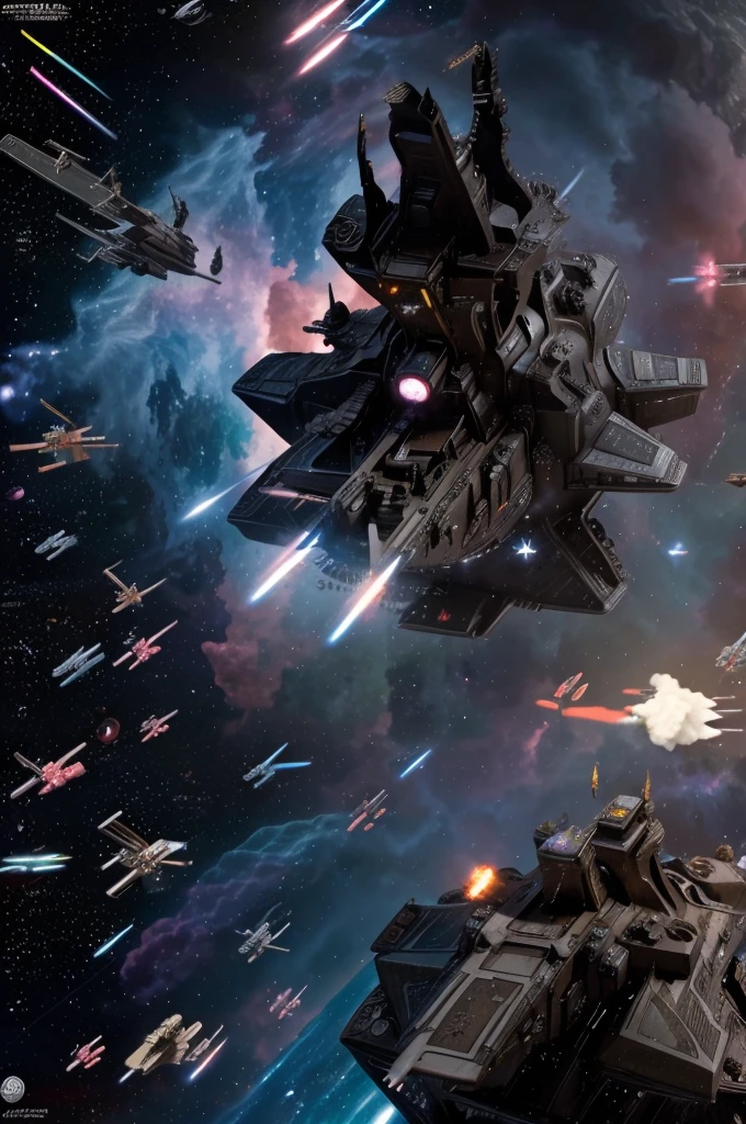 ((a space battle in a nebula between starships with a giant metal moon looming in the background)), masterpiece, best, photo realistic space battle, explosions, ship wreckage, epic space battle