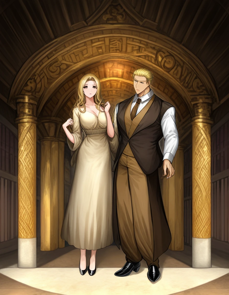 Gorgeous Men, Strong physique, Black Ballroom Blouse, White long pants, Black social shoes, Blonde hair parted in the middle, Straight hair, Brown eyes, Slim appearance, elegant, Library scenery, Brown tie, Indifferent look, Ancient Kingdom, 40-year-old male.