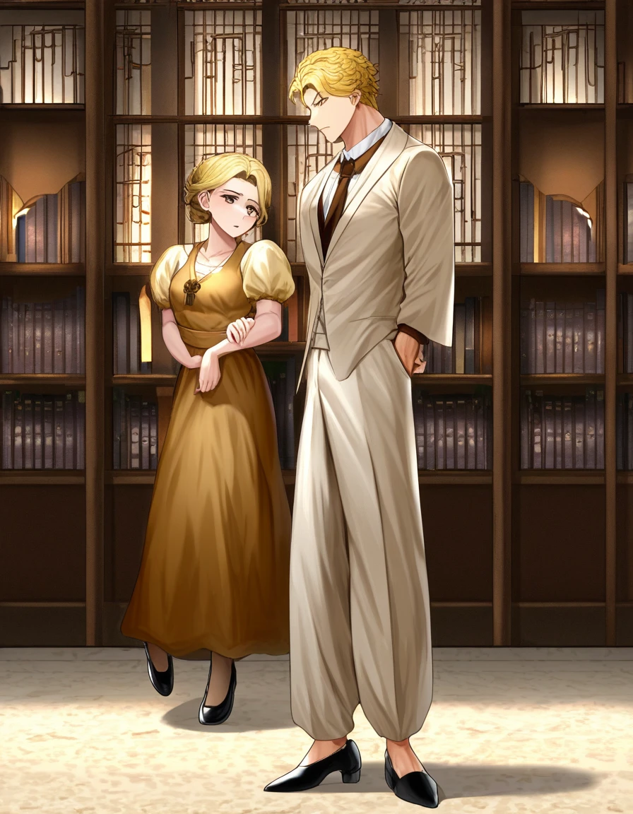 Gorgeous Men, Strong physique, Black Ballroom Blouse, White long pants, Black social shoes, Blonde hair parted in the middle, Straight hair, Brown eyes, Slim appearance, elegant, Library scenery, Brown tie, Indifferent look, Ancient Kingdom, 40-year-old male.