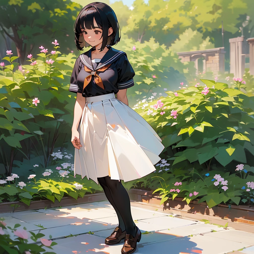 (Highest quality, High resolution, Super detailed, Realistic:1.37), Peaceful atmosphere, (Outdoor, garden), age girl standing alone,(my breasts are big.),Beautifully detailed features, Cute Smile, ((Black bob hair)),Short-sleeved sailor uniform, Pleated skirt,Black tights,Brown leather shoes.