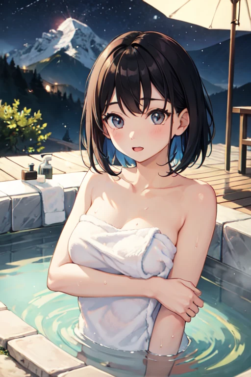 (highest quality, High resolution, perfect pixel, Depth of bounds written, 4K), 
beautiful anime girl, 
looking at the viewer, 
perfect body,  

(blush all over the face:1.2), embarrassed, open mouth,

short hair, black hair, blue eyes, huge breasts, sweat, 
hugging, 
Hinoki bath, night, towel, taking a bath, 
focus breasts, 