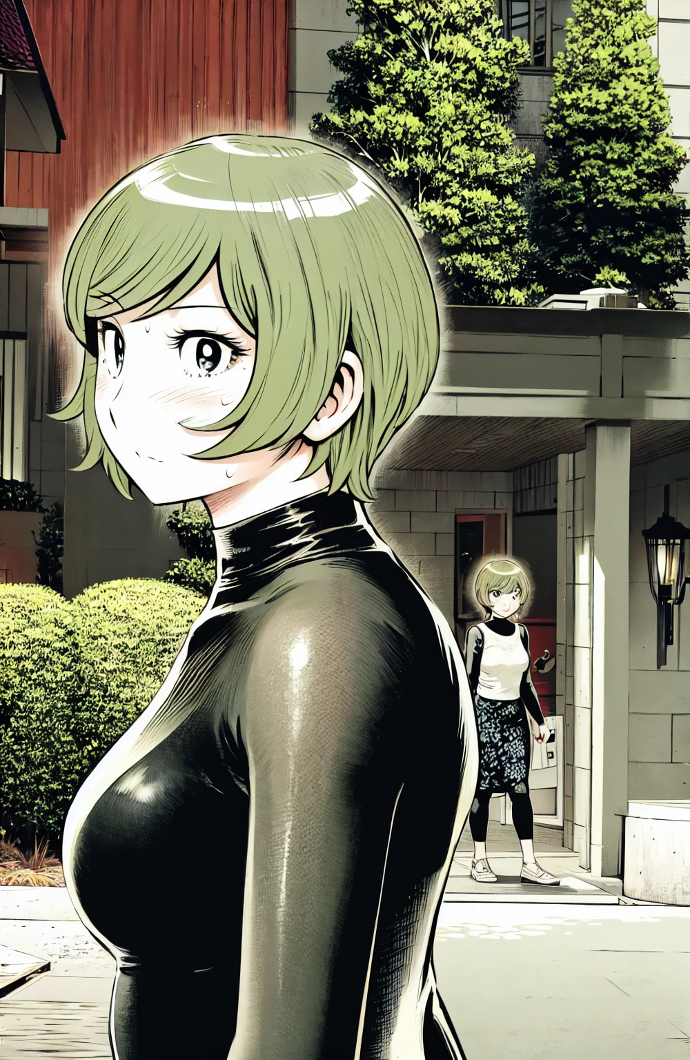 、(masterpiece、Highest quality)、Highest quality, Ultra-high resolution, (((masterpiece))), alone, Sweat、Big eyes,  No sleeve、Outdoor、Floral dress、Composition from the front、（Cut the back hair short、short hair、blonde、woman）、Shortcuts、Embarrassed face、Cut your hair short、可愛いwomanの子、Big Breasts