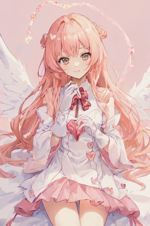 1_girl, (anime, kawai:2), (masterpeice, best_quality, clean:1.5), (sky_background:1.2), (cute, cute_smile, young:1.5), (delicate, beautiful, thin:1.5), (girlfriend, angel:1.8), (green_eyes, simple_eyes:1.5) (long_hair, blond_hair, wearing_pink_dress, pink_angel_wings, sexy_gloves:1.5), extremely_delicate, (love_magic:1.5), (age_size_fits_body), (small_thighs:1.3), (breasts), (eye_level:1.3), (heart_magic, love:1.5)
