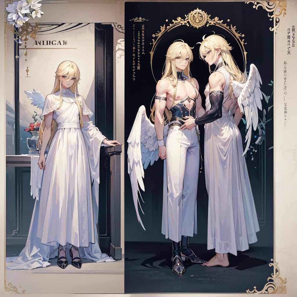 (Masterpiece, best quality), detailed, 1 man, ((character concept art)), ((character design sheet, same character, front, side, back)), full body, body complete, 1 Male angel, 1 Man angel, Detailed face, character design sheet,full bodyesbian, Highly detailed, character sheet, character design, Many parts, dark skin, angel wings, long blonde hair, angel outfit, muscle male god, male clothes, masculine, muscle man, male muscle, manly, male angel, Muscle male with long blonde hair,beautiful man, beautiful muscle man