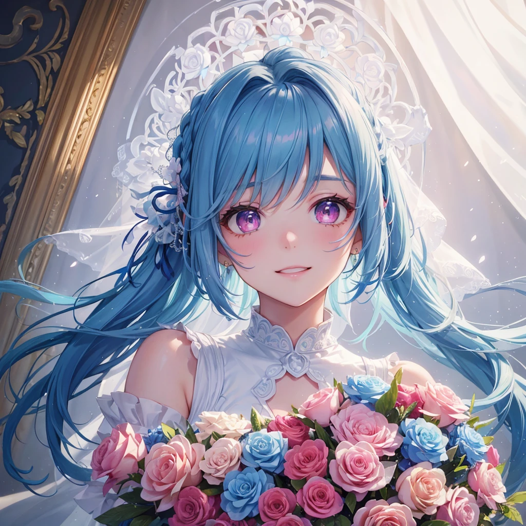 Sky blue hair, (Braided Ponytail),(Pink Eyes),Fair skin ,(whole body),(One girl),bride,A happy smile,Straight bangs, 6月のbride,Wedding dress,(masterpiece, Highest quality, Very detailed, Best Shadow), (Detailed Background), (Beautifully detailed face), High Contrast, (Best lighting, Very delicate and beautiful), ((Cinematic Light)), colorful, Hyper Detail, Dramatic Light, Intricate details,Chapel,Bouquet of roses
