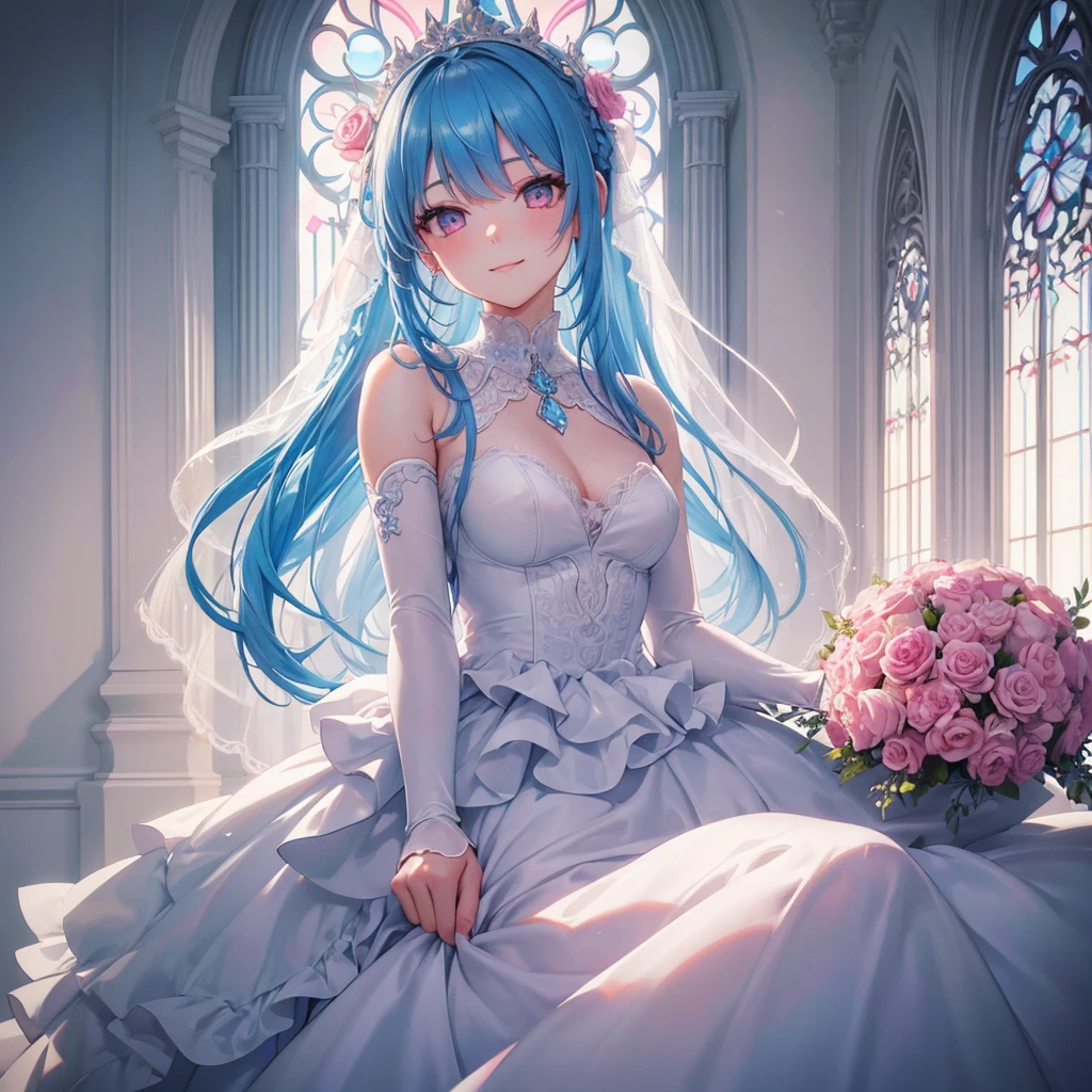 Sky blue hair, (Braided Ponytail),(Pink Eyes),Fair skin ,(whole body),(One girl),bride,A happy smile,Straight bangs, 6月のbride,Wedding dress,(masterpiece, Highest quality, Very detailed, Best Shadow), (Detailed Background), (Beautifully detailed face), High Contrast, (Best lighting, Very delicate and beautiful), ((Cinematic Light)), colorful, Hyper Detail, Dramatic Light, Intricate details,Chapel,Bouquet of roses