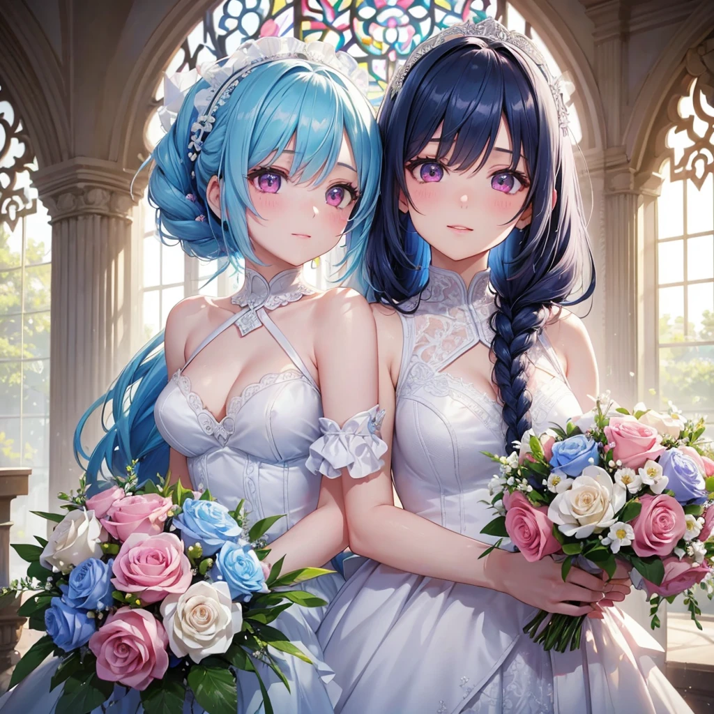 Sky blue hair, (Braided Ponytail),(Pink Eyes),Fair skin ,(whole body),(One girl),bride,A happy smile,Straight bangs, 6月のbride,Wedding dress,(masterpiece, Highest quality, Very detailed, Best Shadow), (Detailed Background), (Beautifully detailed face), High Contrast, (Best lighting, Very delicate and beautiful), ((Cinematic Light)), colorful, Hyper Detail, Dramatic Light, Intricate details,Chapel,Bouquet of roses