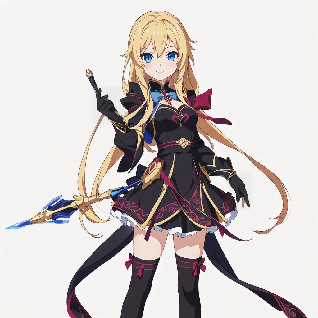 Highest quality, high resolution, High quality anime art style, Perfect hands,Perfect Fingers.Official Art, Smooth anime CG art, Stylized anime, Cute 3D anime girl render, Visual Novel Sprites, White background, whole body, Anime-style 3D, Smooth anime CG art, humanoid woman, JRPG Characters, Magical Girl Style, Anime woman in a black dress with maroon ribbon, Black gloves, Blonde, Long Hair, Light blue eyes, smile, Holding an ornate magic wand in his right hand, Small Bust, Small breasts, 15 years old, 