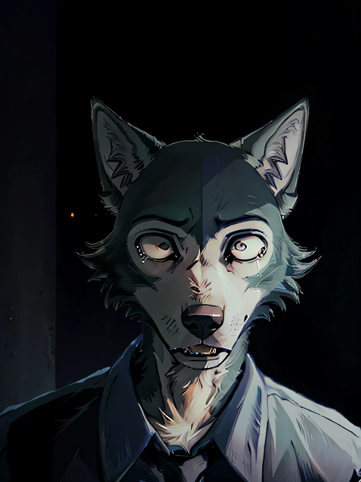 ((best qualityer)), ((work of art)), (detailded), wolves, Anthropomorphic furry, Legoshi, Beastars, dark lighting, desperate expression, preoccupied, sobbing, darkness background, horror setting