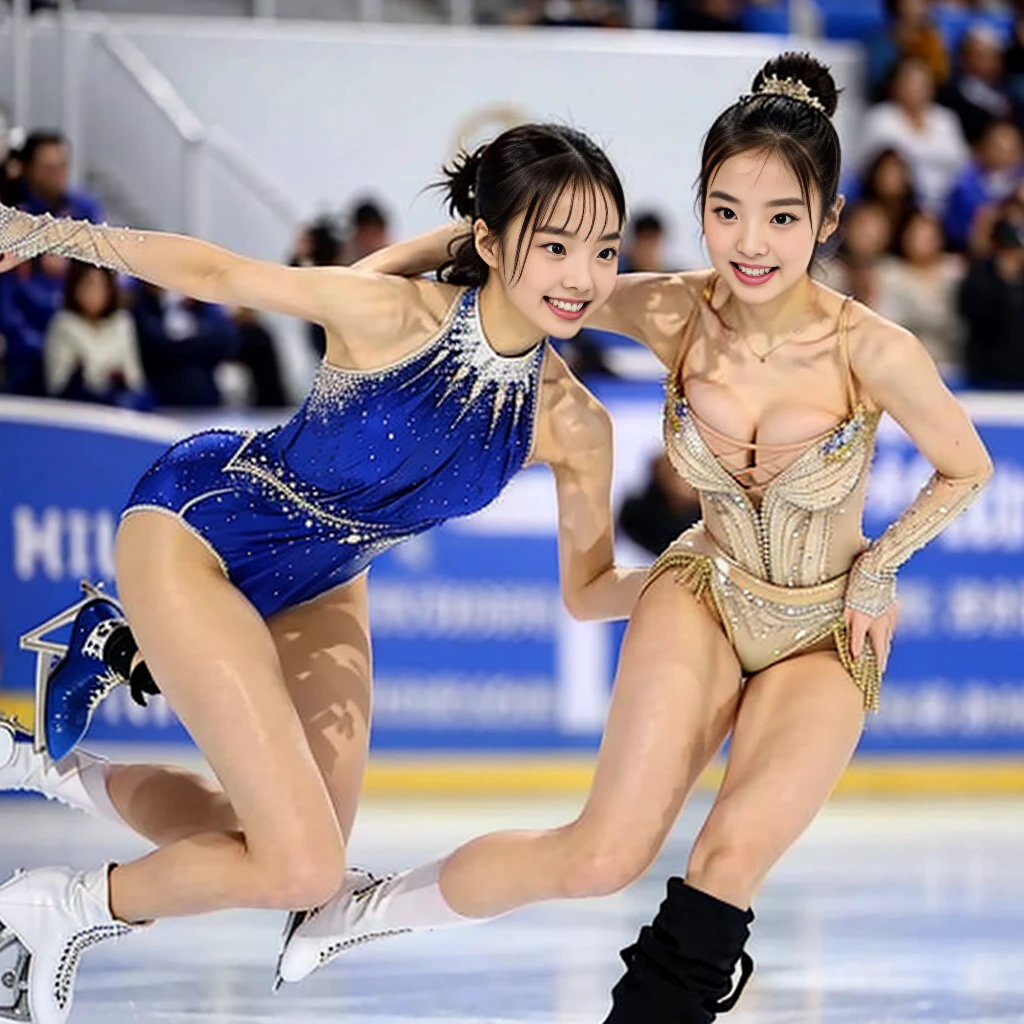 Highest quality, masterpiece, Very detailed, 8K, a  beautiful Japanese woman:1.5, Small face, blunt bangs, Breast Augmentation Surgery, (Glamorous figure skating costumes:1.5, Figure Skating Boots), Very detailedな臭い脇の下、　Skating rink