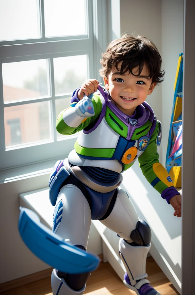 Happy little boy receiving a new toy, Buzz Lightyear, in a bedroom environment , with vibrant colors and natural light coming in through the window."
