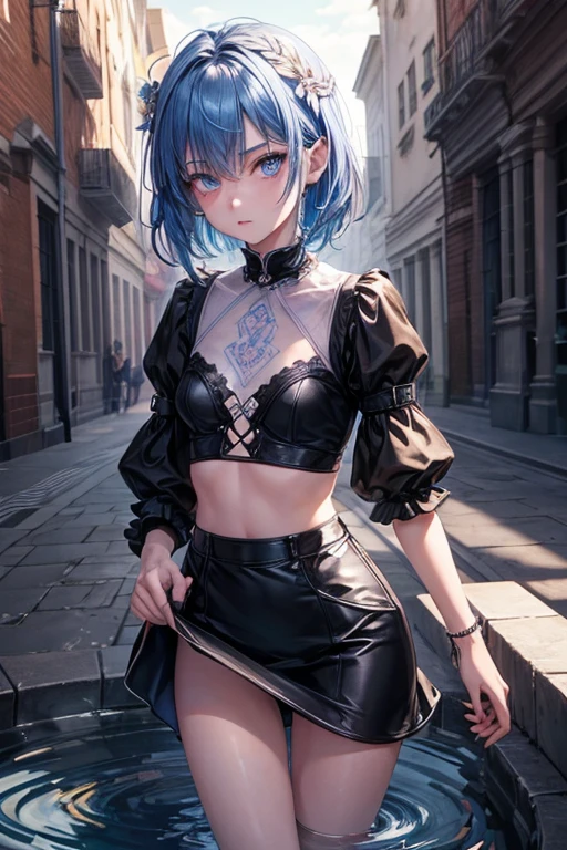 1 girl ,(great stigmata), nonbinary, androgynous, School Ground, (by the floating), ((in the courtyard fountain)), Character focus, ((black light)),((dark lighting)), cinematic lighting ,(darkness), (conceptual art), blue short straight hair, light blue hair color, short, short blue hairy, blue-violet eye color, (bright Eyes), high resolution,(incredibly absurd) ,Extremely detailed CG unity 8k wallpaper, ((Masterpiece)), ((premium)), (beautiful illustration), ((an extremely delicate and beautiful)), (Masterpiece, Best Quality, ultra high resolution), 1 girl, pale skin, black crown, purple eyes, light_eyes, neon blue eyes, ultra detailed eyes, beautiful and detailed face, detailed eyes, (centered, torso), (plano general:0.9), in front of the viewer, eye height, flat chested, flat chest, AAA cup size.