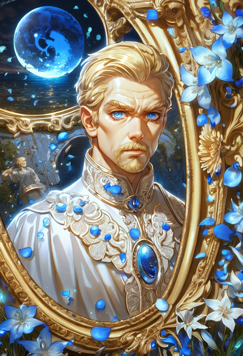 absurdres, highres, ultra detailed, HDR, master piece, Askeladd, blond hair, expressive blue eyes, without bangs, Viland Saga, sexy man, handsome, best quality, blue moon, flowers, fantasy, magical, solo, water, blue shining fireflies, blue petals, white clothes