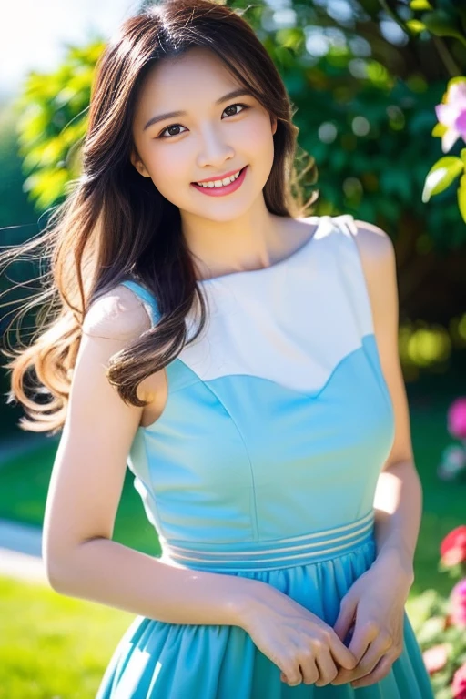 (a beautiful woman with long flowing hair, flowing blue dress, sparkling in sunlight, bright eyes full of warmth, gentle smile radiating kindness and grace, peaceful garden surrounded by blooming flowers, soft breeze blowing hair, detailed portrait, high quality, photorealistic, cinematic lighting, vibrant colors, butterfly, rose garden)