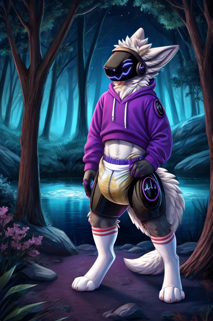 A protogen femboy wearing a sweatshirt and diaper with urine and white socks standing in a dark magical forest near a lake at night