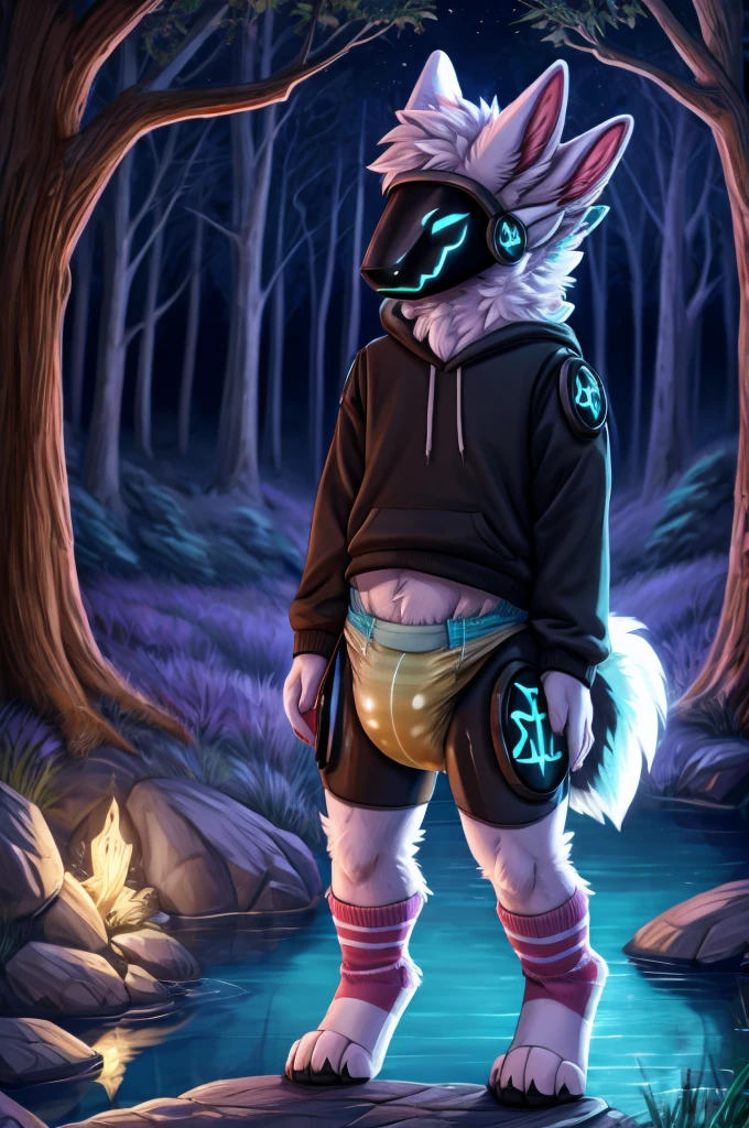 A protogen femboy wearing a sweatshirt and diaper with urine and white socks standing in a dark magical forest near a lake at night 