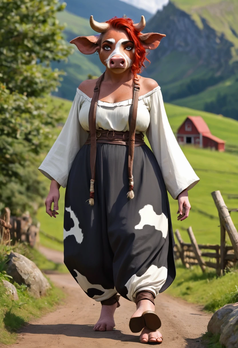 A mythical Humanoid creature called a firbolg. Unnatural red hair. Unnaturally thick eye brows.Snout like nose, large cow like ears. A long cow like tail. Feet like a pigs. Weareing handmade clothes.