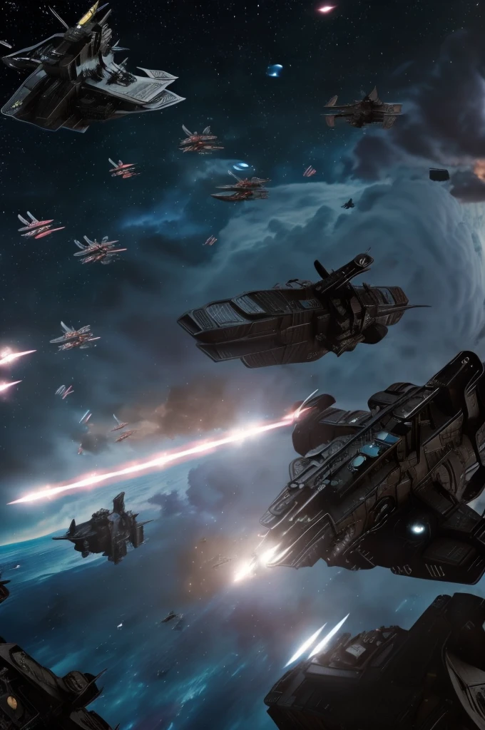 ((a space battle in a nebula between starships with a giant metal moon looming in the background)), masterpiece, best, photo realistic space battle, explosions, ship wreckage, epic space battle