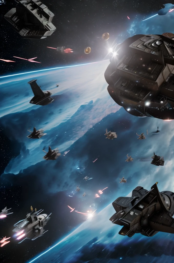 ((a space battle in a nebula between starships with a giant metal moon looming in the background)), masterpiece, best, photo realistic space battle, explosions, ship wreckage, epic space battle