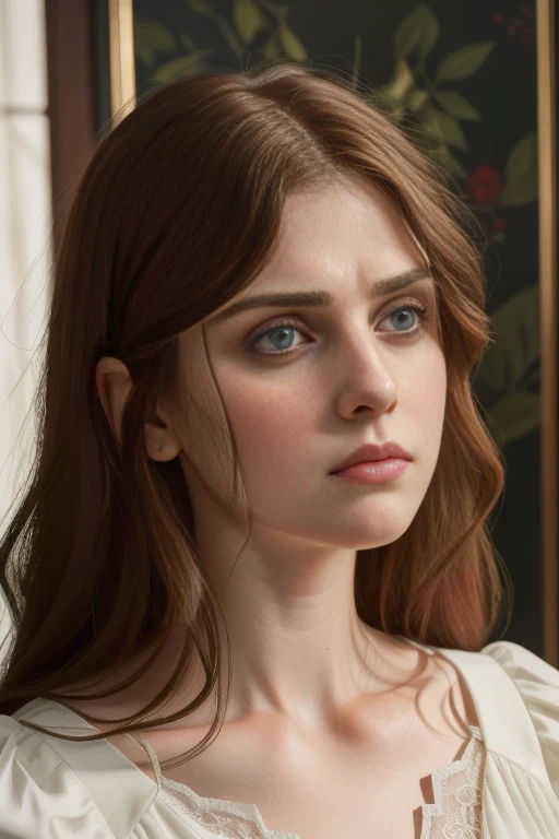 year: 2023. mood: England. Pre-Raphaelite scene with (((extreme close-up))) of a 32-year-old Alexandra Daddario, tired face, indifferent expression, stare into emptiness, in room ((Прическа 2020-х yearов)), ((("OMITB" cinematography)))