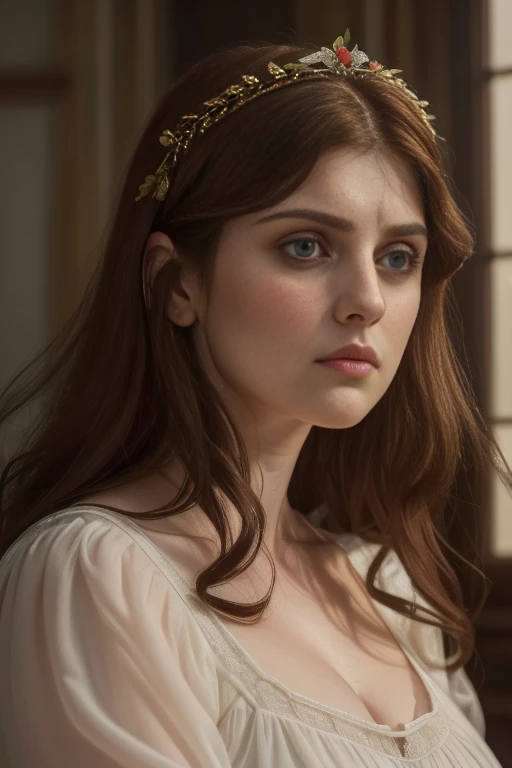 year: 2023. mood: England. Pre-Raphaelite scene with (((extreme close-up))) of a 32-year-old Alexandra Daddario, tired face, indifferent expression, stare into emptiness, in room ((Прическа 2020-х yearов)), ((("OMITB" cinematography)))