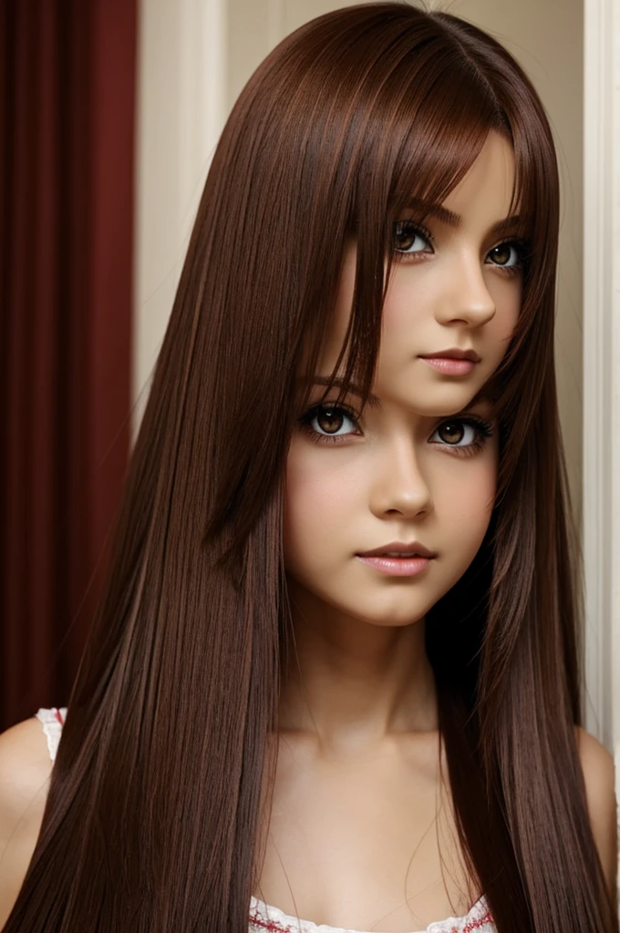 Anime character with light brunette long straight hair dark red color big eyes dark brown color