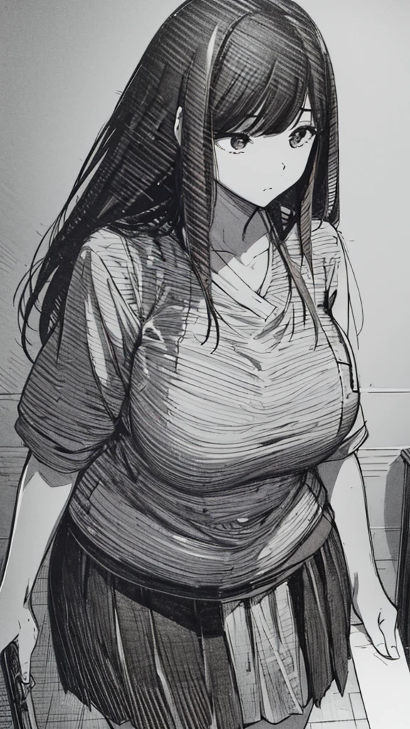 One Girl,Line art,Monochrome,sketch,Black and White,Pencil drawing,Traditional Media,Sketch,One Girl, skirt,Cute age Girls, ,Beautiful portrait、Delicate body、Black Hair、Black Hair,landscape