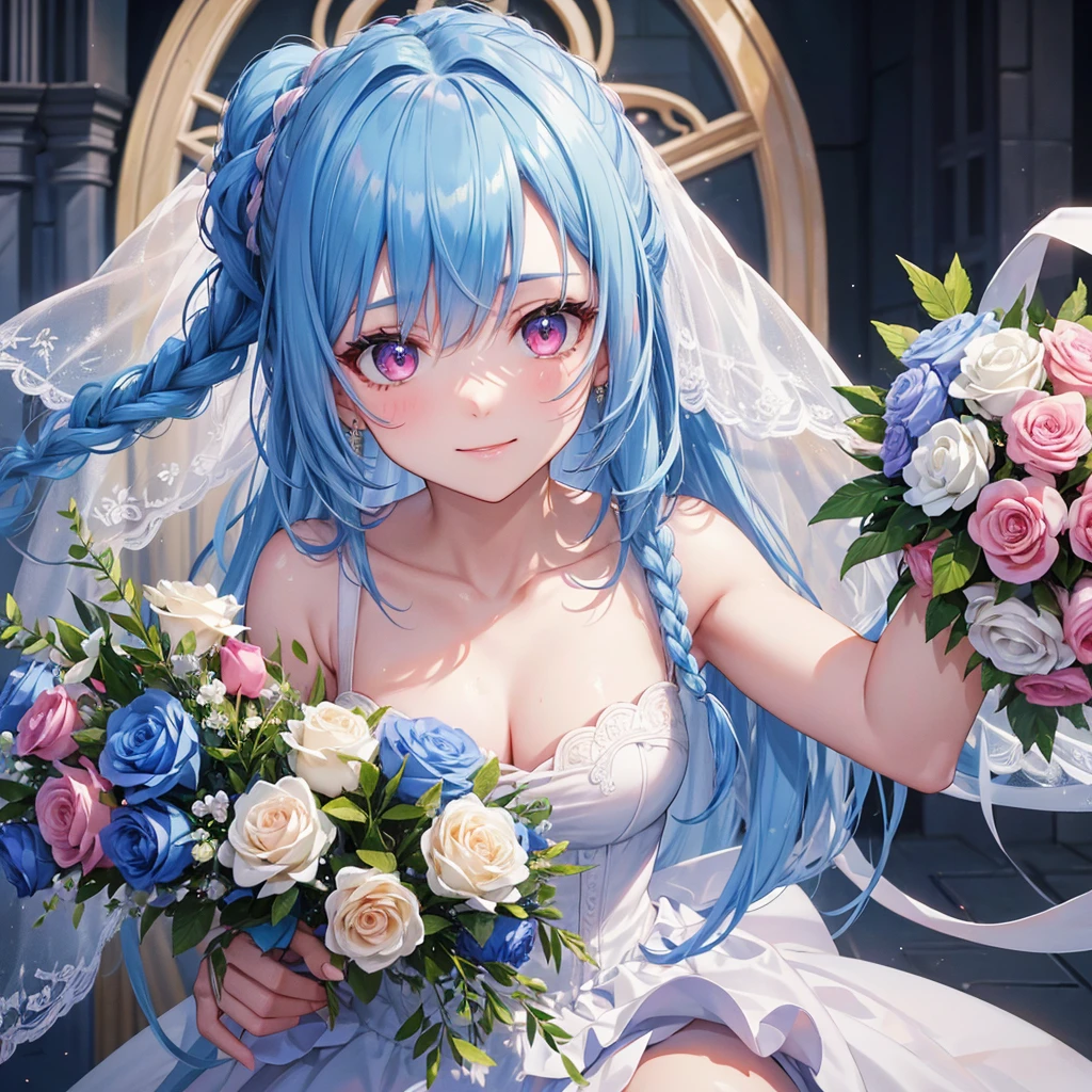 Sky blue hair, (Braided Ponytail),(Pink Eyes),Fair skin ,(whole body),(One girl),bride,A happy smile,Straight bangs, 6月のbride,Wedding dress,(masterpiece, Highest quality, Very detailed, Best Shadow), (Detailed Background), (Beautifully detailed face), High Contrast, (Best lighting, Very delicate and beautiful), ((Cinematic Light)), colorful, Hyper Detail, Dramatic Light, Intricate details,Chapel,Bouquet of roses