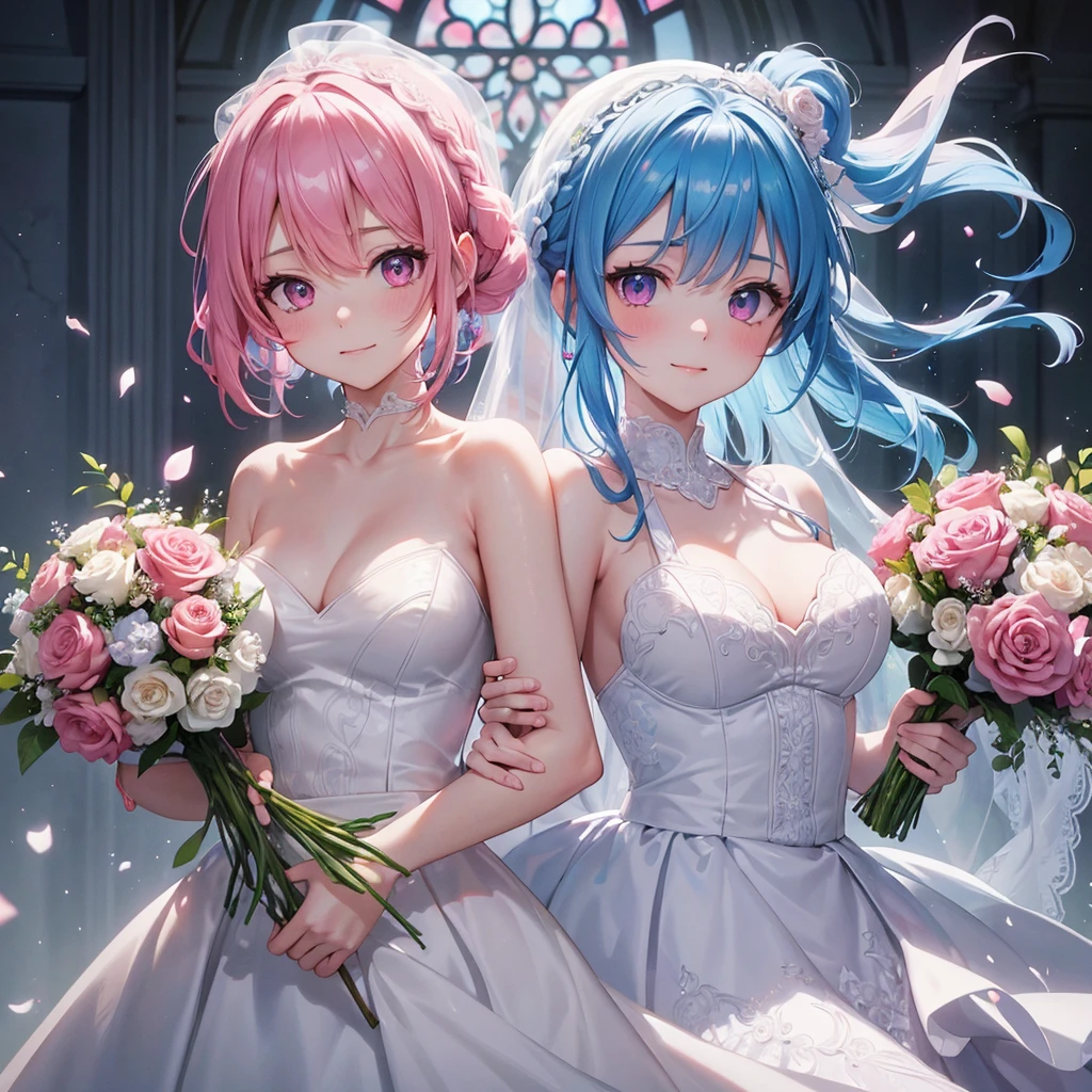 Sky blue hair, (Braided Ponytail),(Pink Eyes),Fair skin ,(whole body),(One girl),bride,A happy smile,Straight bangs, 6月のbride,Wedding dress,(masterpiece, Highest quality, Very detailed, Best Shadow), (Detailed Background), (Beautifully detailed face), High Contrast, (Best lighting, Very delicate and beautiful), ((Cinematic Light)), colorful, Hyper Detail, Dramatic Light, Intricate details,Chapel,Bouquet of roses