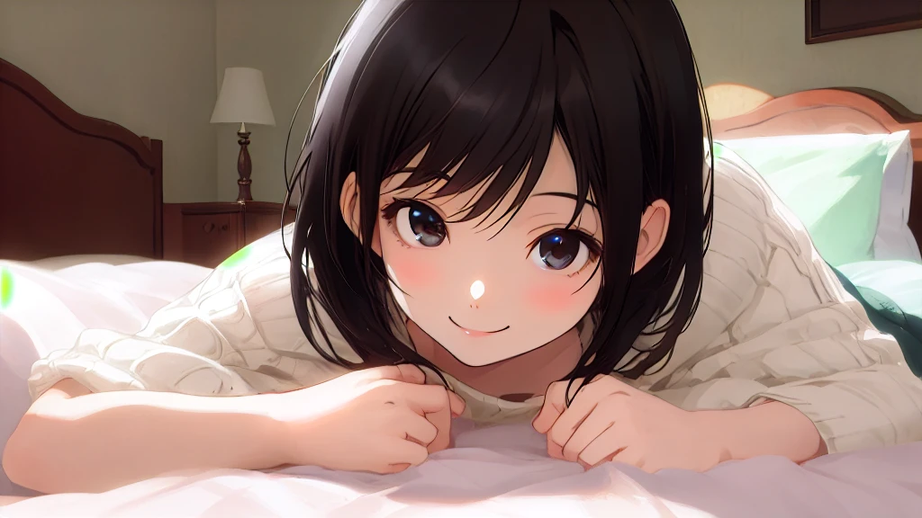 beautiful girl、Black knit、On the bed、Eye highlightasterpiece、high resolution、smile、Black Hair