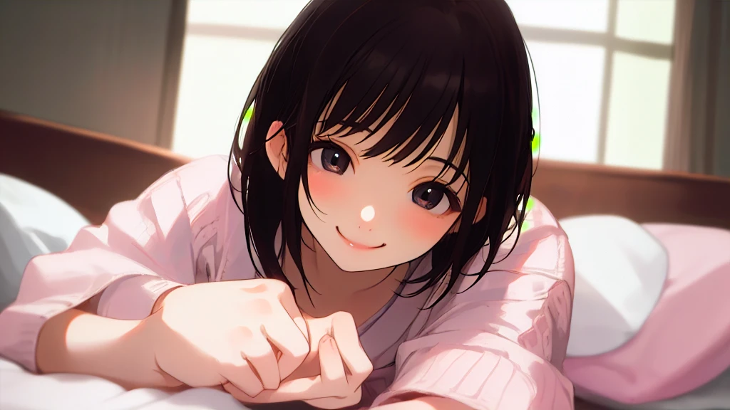 beautiful girl、Black knit、On the bed、Eye highlightasterpiece、high resolution、smile、Black Hair