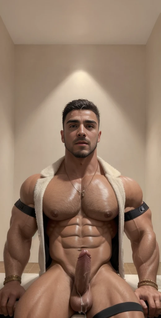 (masterpiece, intricately detailed, highest resolution, best quality:1.2), (doujin), a cocky European Instagram influencer,a 24 y.o muscle stud with a muscular physique sitting on a chair with black eyes,dark-skinned male, wearing a ((open jacket, chav, armbands)), (excessive cum), (cum on body), (cum drip), flaccid penis,saggy balls,hairy chest,vascular,muscle striations,soft light,fantastic realism,