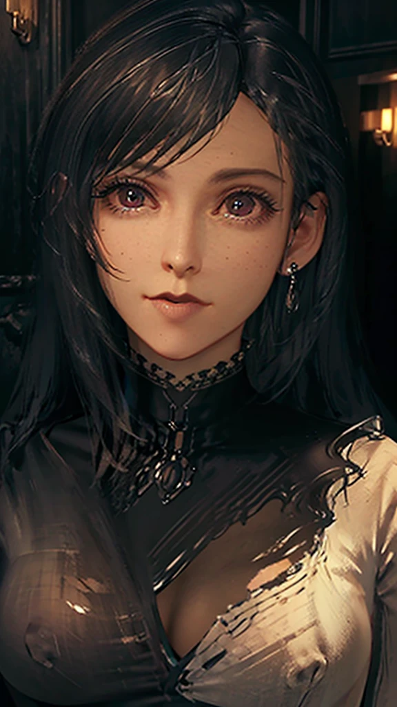 a woman in a white business shirt, unbuttoned, shirts been wet and nipples seethroughed, eye contact, delicate facial features, beautiful detailed eyes, beautiful detailed lips, extremely detailed eyes and face, long eyelashes, cinematic lighting, dramatic colors, intricate details, photorealistic, 8k, highly detailed, masterpiece